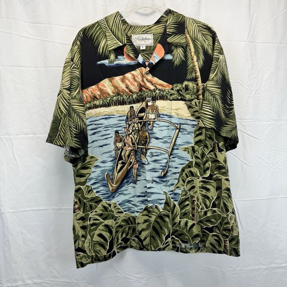 Kalaheo Kamehameha Hawaiian Aloha Camp Shirt L Diamond Head Vtg Boat Sun Surf